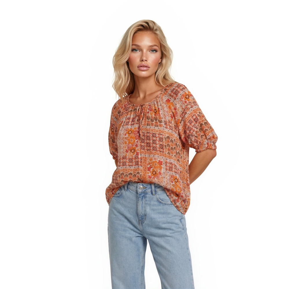 NWT Eclair Blouse Womens Size XL Orange Floral Patchwork Tie Neck Puff Sleeve